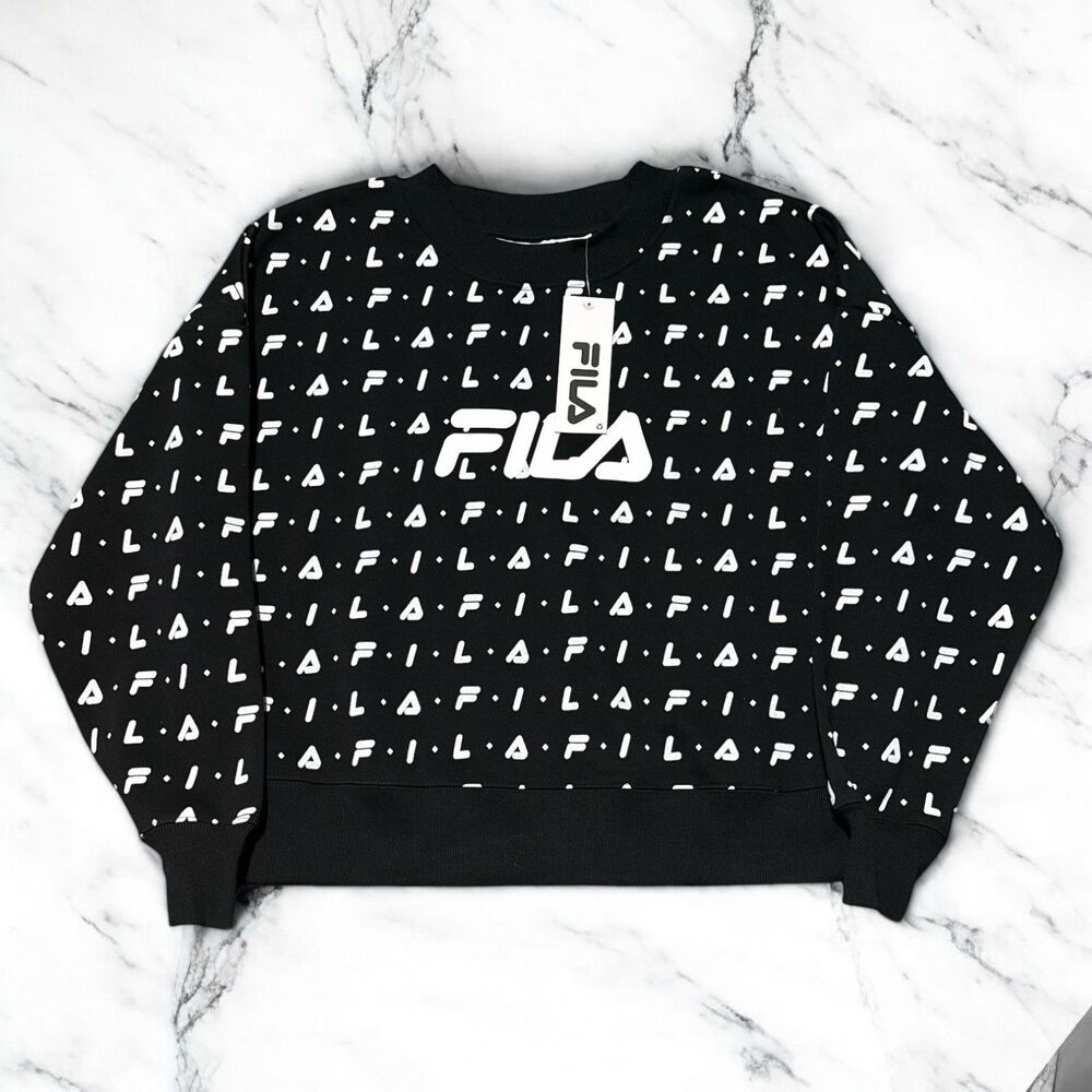 Fila Sweatshirt Women’s 2X Black All Over Logo Crewneck Pullover Long Sleeve NWT